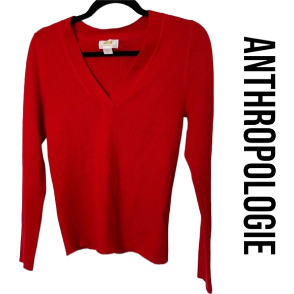 ANTHROPOLOGIE Maeve Ribbed Thea V-Neck Sweater Red Small Tight Knit - Picture 2 of 6